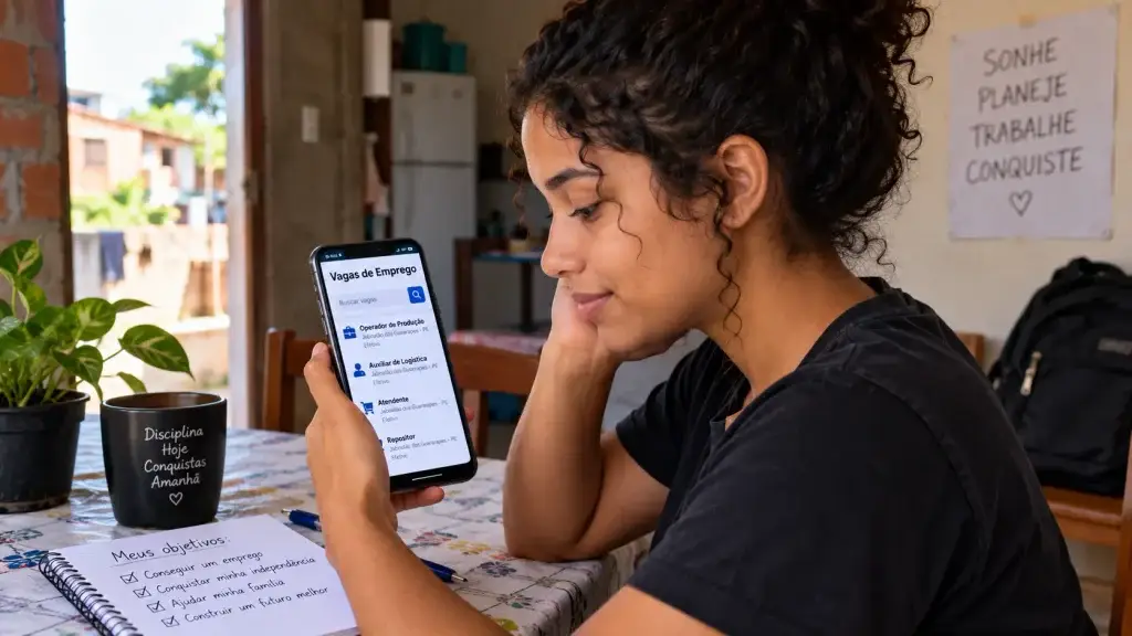 Jovem procurando vagas de primeiro emprego pelo celular