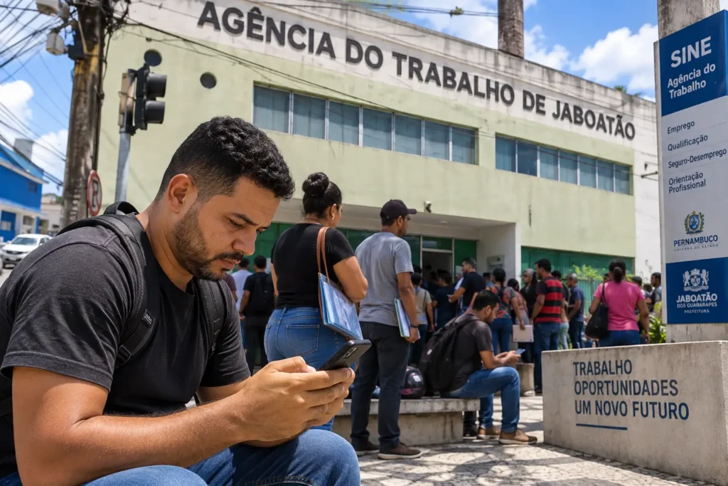 Candidato procurando emprego em frente à Agência do Trabalho de Jaboatão