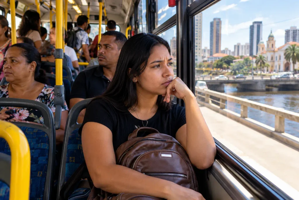 Candidata voltando para casa de ônibus enquanto aguarda resposta da entrevista de emprego