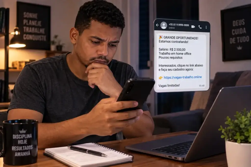 Trabalhador analisando uma possível vaga falsa recebida pela internet