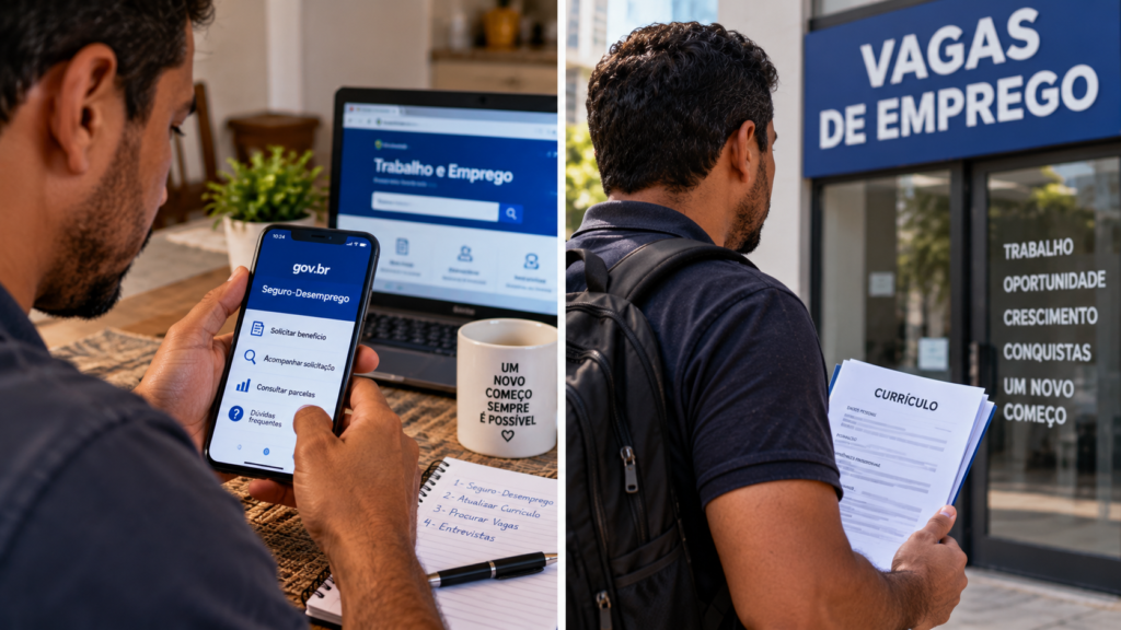 Trabalhador solicitando o seguro-desemprego e se preparando para procurar um novo emprego