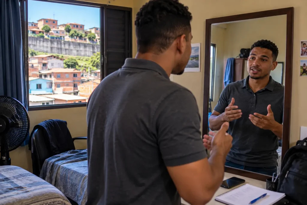 Candidato treinando em casa o que falar na entrevista de emprego