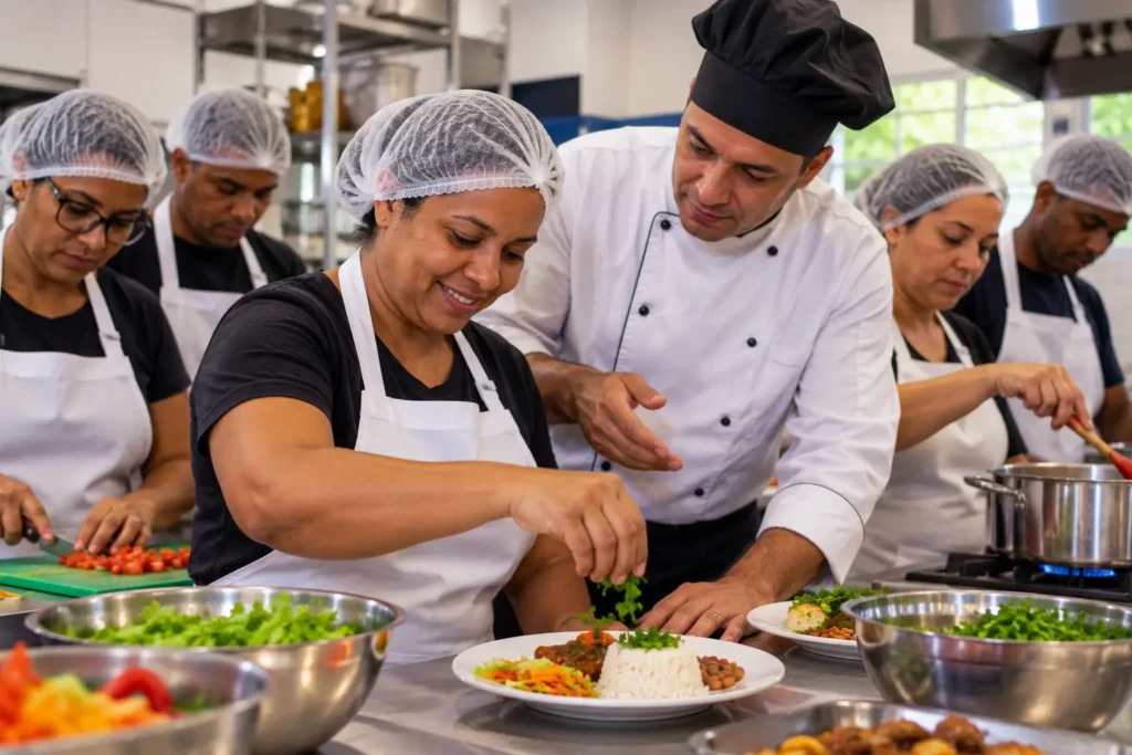 Alunos participando de curso gratuito de qualificação profissional em gastronomia
