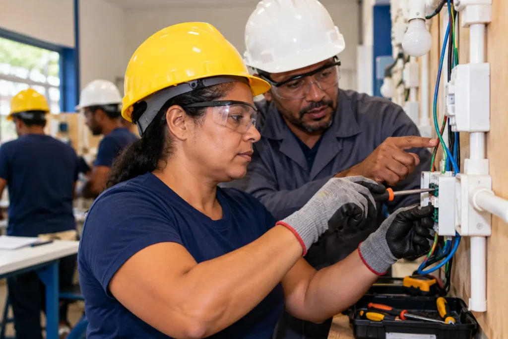 Aluna participando de curso gratuito de qualificação profissional em elétrica