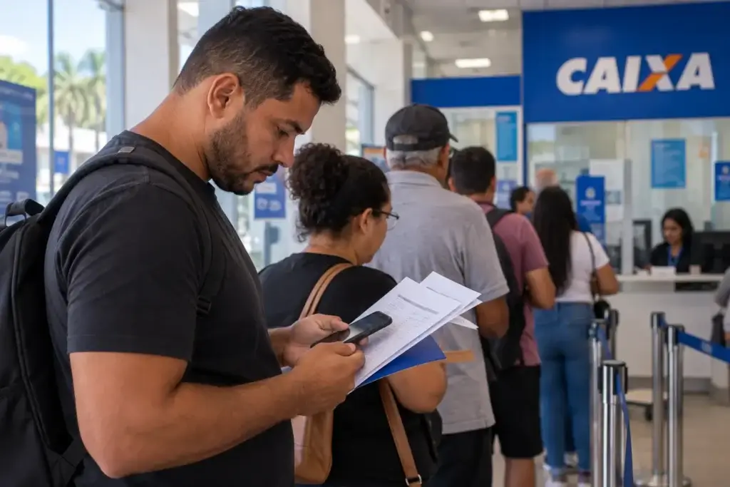 Trabalhador conferindo documentos sobre rescisão e FGTS