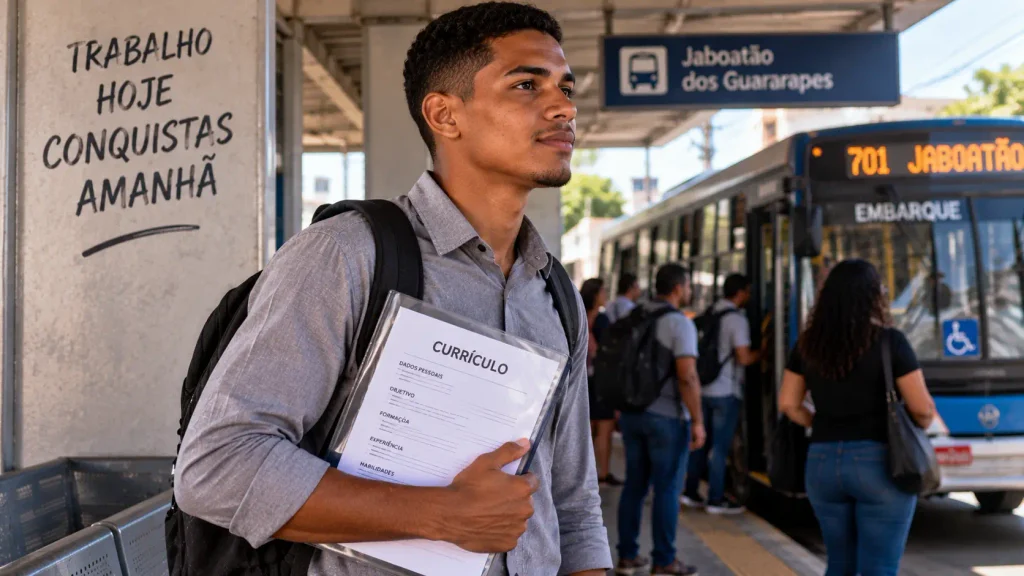 Jovem com currículo a caminho de uma entrevista de emprego