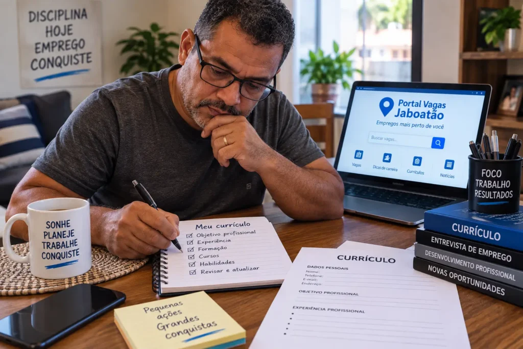 Profissional preparando currículo e definindo seu objetivo profissional