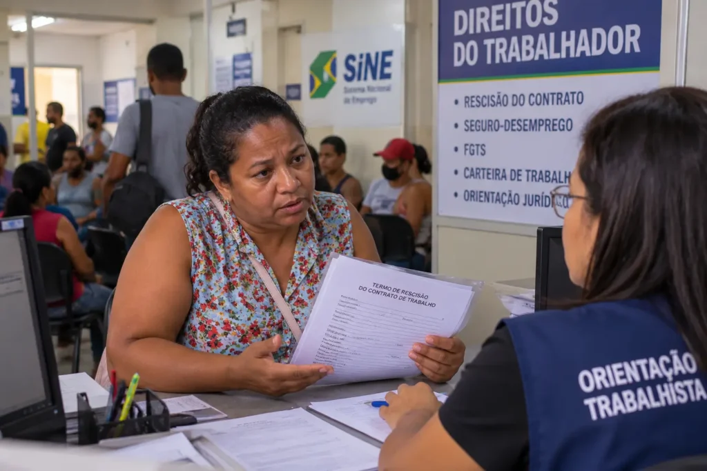 Trabalhadora buscando orientação sobre atraso no pagamento da rescisão