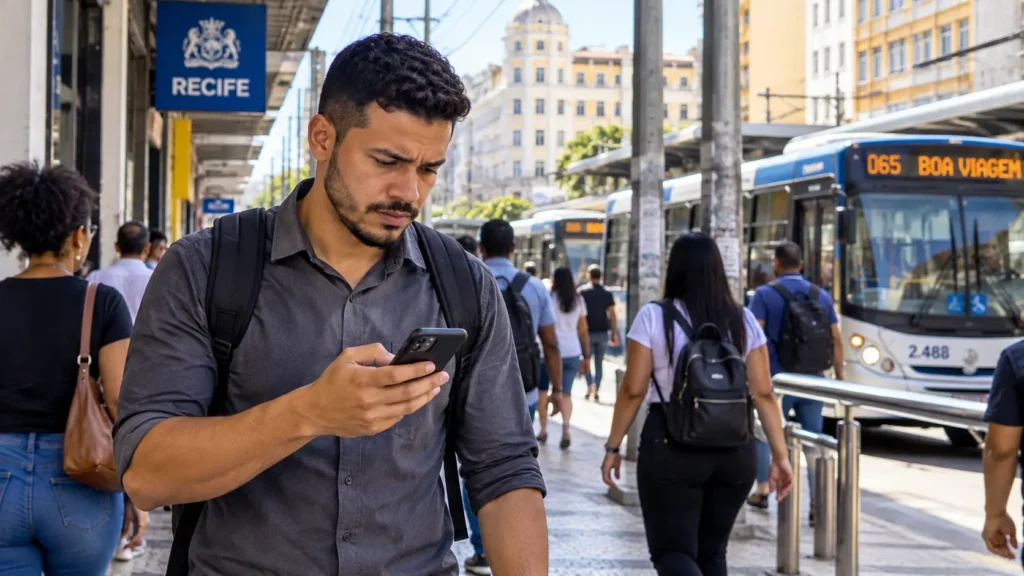 Candidato verifica o celular após entrevista de emprego no Centro do Recife