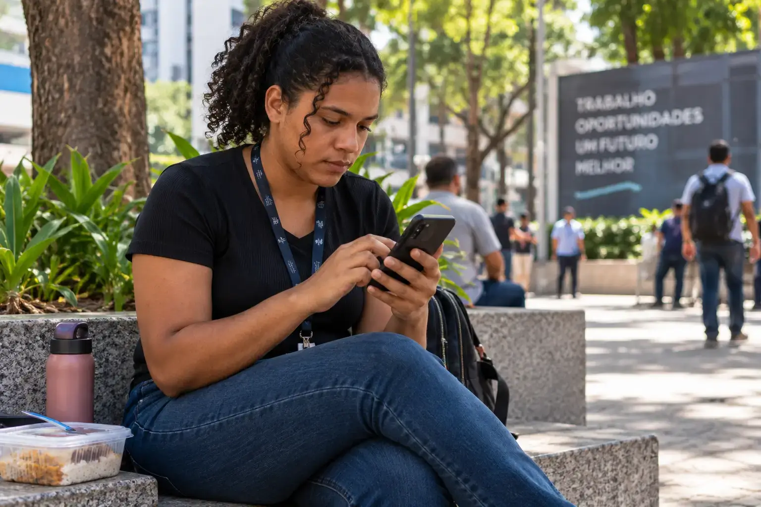 Trabalhadora procurando vagas de emprego pelo celular durante o intervalo