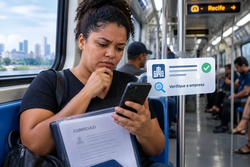 Trabalhadora verificando uma empresa antes de se candidatar a uma vaga de emprego